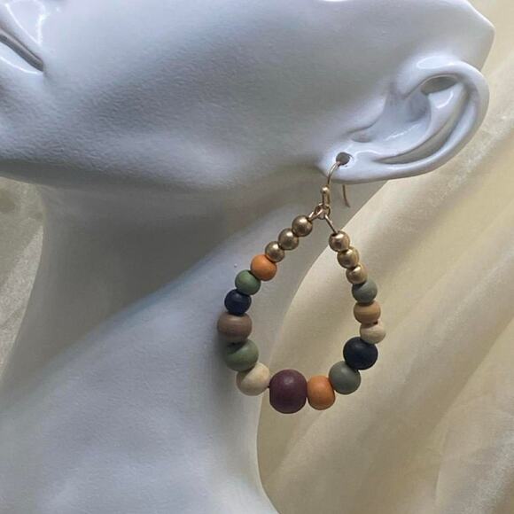 no brand Jewelry - Vintage Multicolor Wooden Bead Hoop Earrings Gold Tone Boho Pierced Dangle